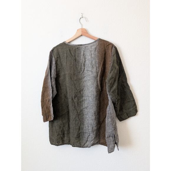 FLAX Linen Stripe Color Block Pullover Blouse Medium Neutral Mocha Brown Natural - Picture 9 of 10